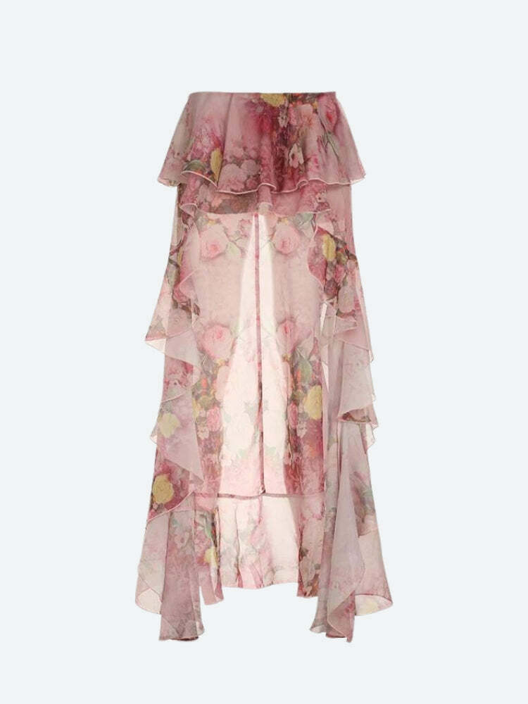 Floral Ruffled Mesh Mullet Skirt - Aesthetic Grunge Style Clothing