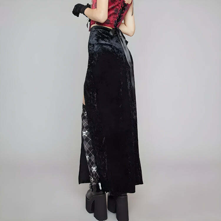 Goth Velvet High Split Midi Skirt - Grunge Style Clothing & Aesthetic Outfit