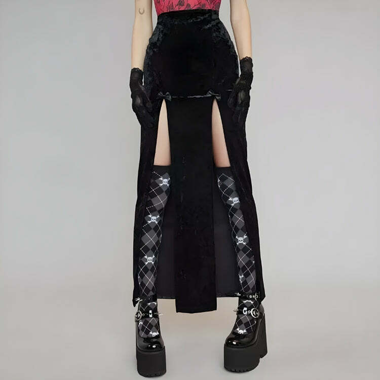 Goth Velvet High Split Midi Skirt - Grunge Style Clothing & Aesthetic Outfit