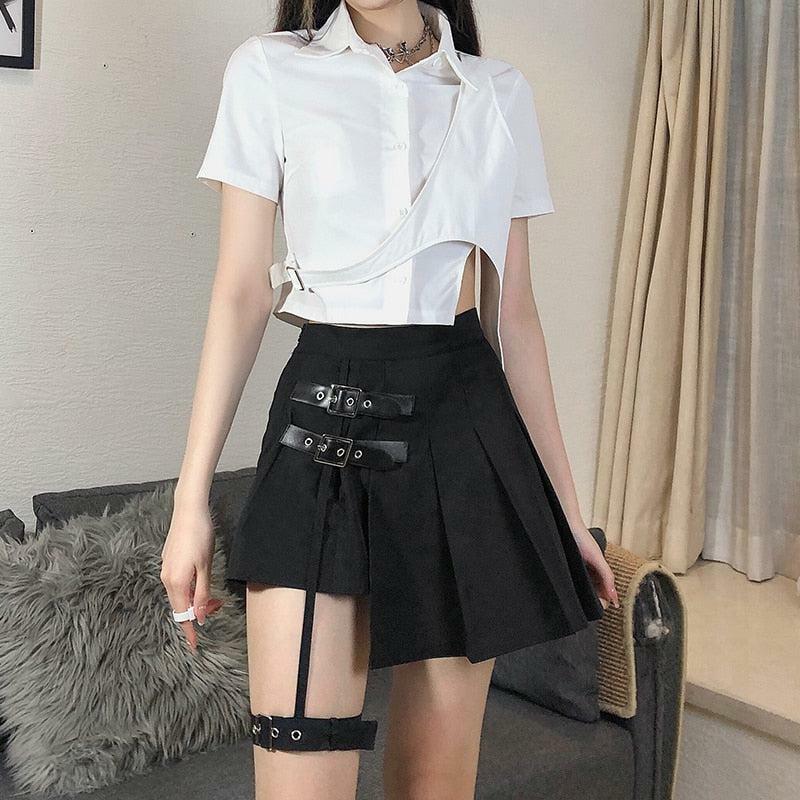 Gothic Belted Mini Skirt - Grunge Style Clothing for Aesthetic Outfits