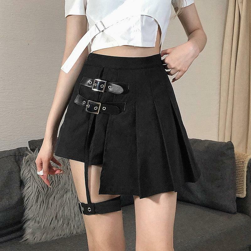 Gothic Belted Mini Skirt - Grunge Style Clothing for Aesthetic Outfits