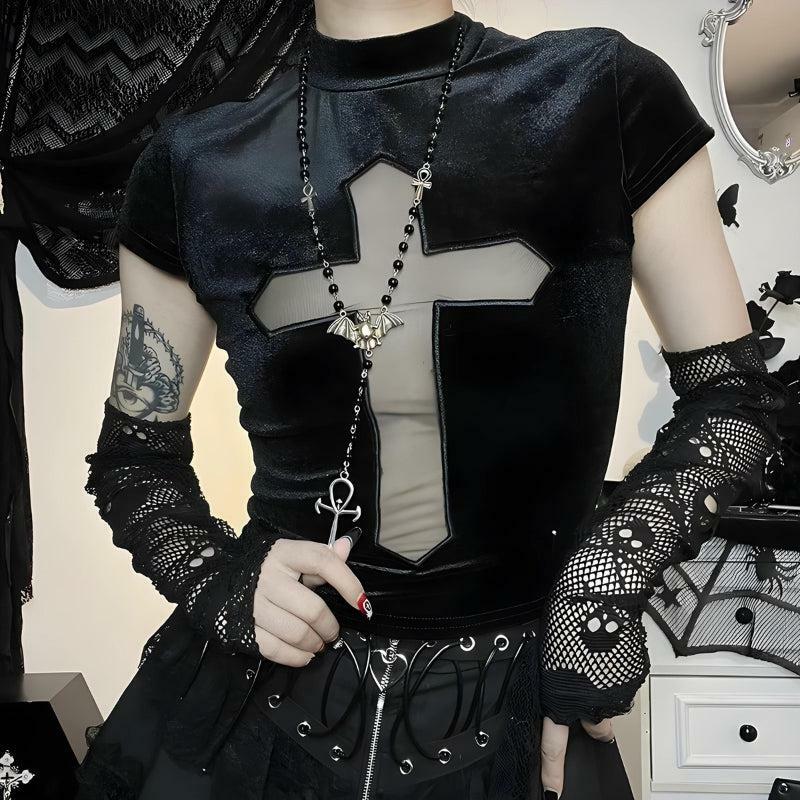 Gothic Cross Cut Out Velvet Top - Grunge Style Clothing & Aesthetic Wear