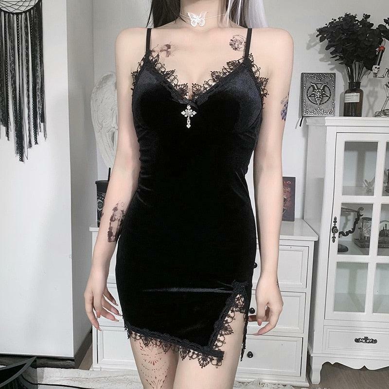 Gothic Cross Detail Mini Dress - Grunge Style Clothing for Aesthetic Outfits