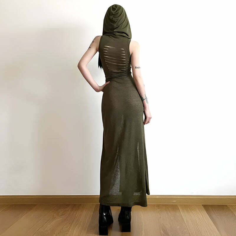 Gothic Cut Out Back Midi Dress with Hood - Grunge Style Aesthetic Fashion