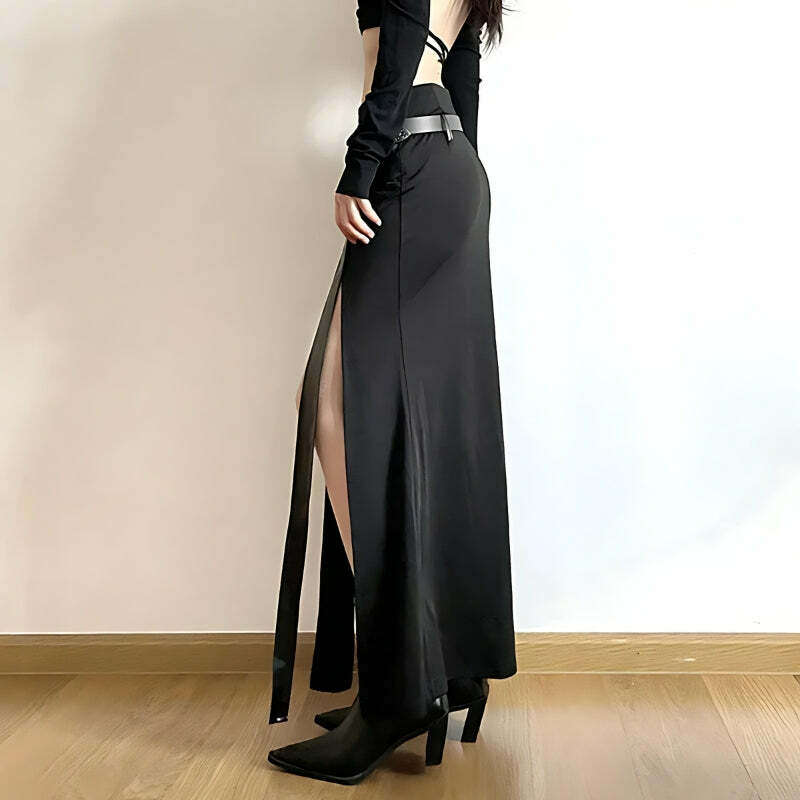 Gothic Double Slit Maxi Skirt - Grunge Style Clothing for Aesthetic Outfits