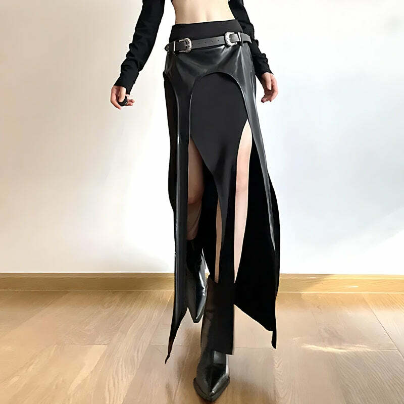 Gothic Double Slit Maxi Skirt - Grunge Style Clothing for Aesthetic Outfits