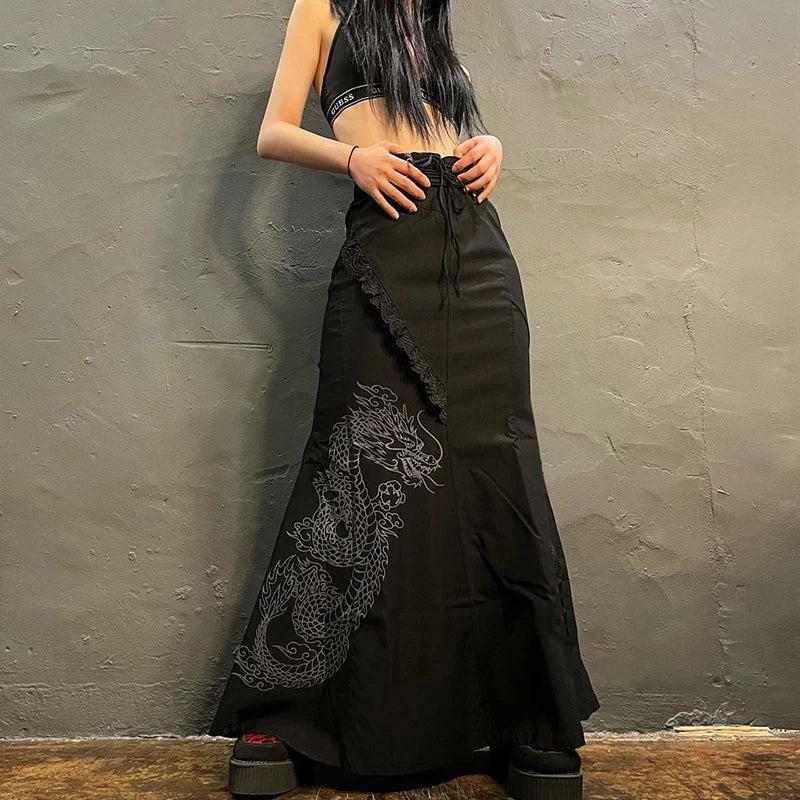 Gothic Dragon Print Maxi Skirt - Grunge Style Aesthetic Clothing