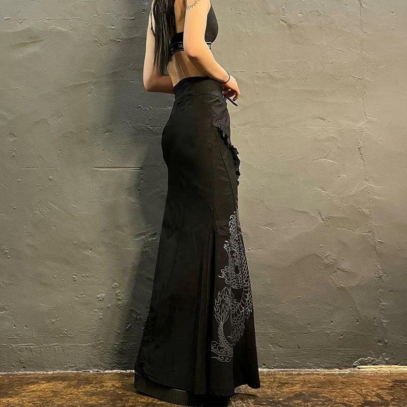 Gothic Dragon Print Maxi Skirt - Grunge Style Aesthetic Clothing