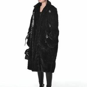 Gothic Faux Fur Fluffy Long Jacket for Aesthetic Outfits and Styles