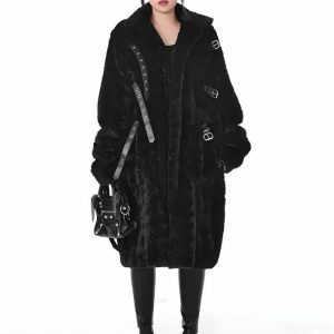 Gothic Faux Fur Fluffy Long Jacket for Aesthetic Outfits and Styles