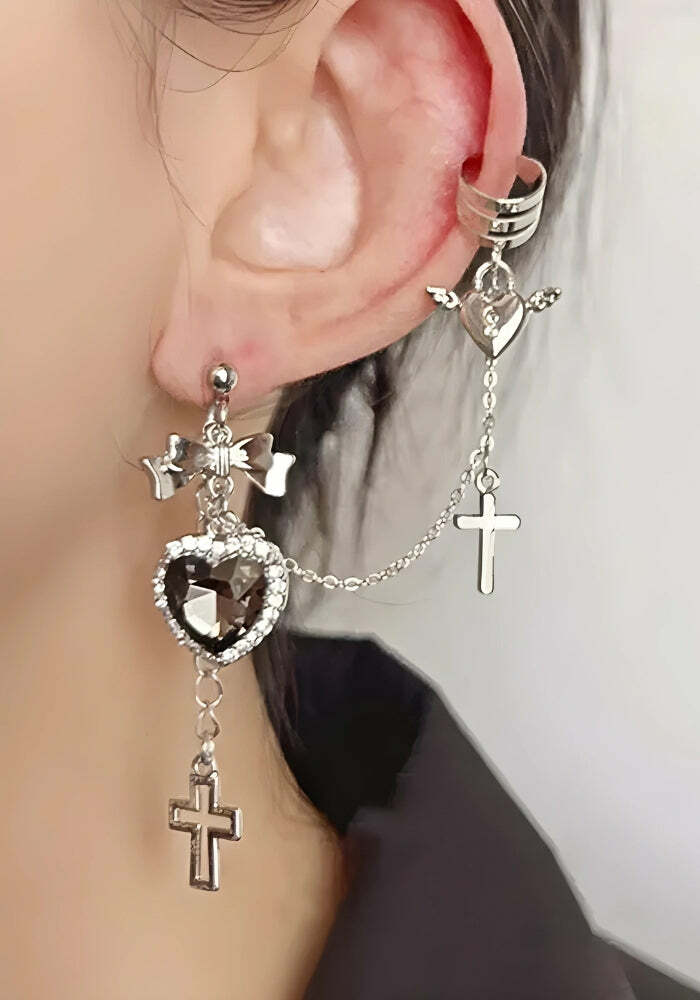 Gothic Heart Cross Chain Earrings for Aesthetic and Grunge Style Outfits