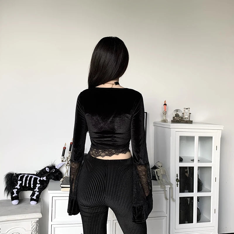 Gothic Lace Flare Cuffs Crop Top - Grunge Style Aesthetic Clothing