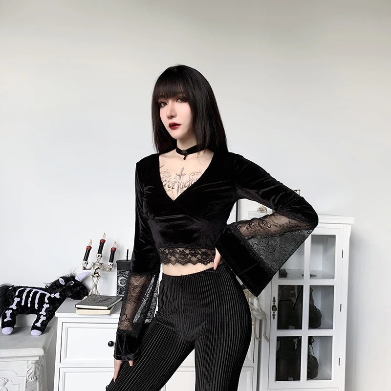 Gothic Lace Flare Cuffs Crop Top - Grunge Style Aesthetic Clothing