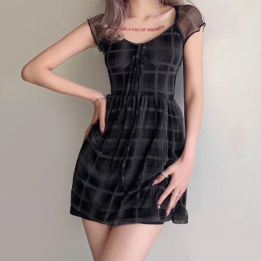 Gothic Plaid Mini Dress - Grunge Style Clothing for Aesthetic Outfits