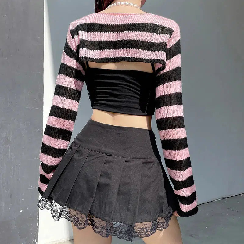 Gothic Striped Knitted Shrug Sweater for Grunge Aesthetic Outfits