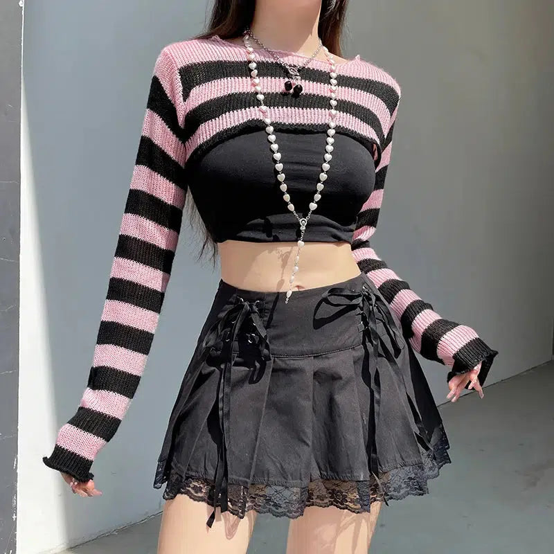 Gothic Striped Knitted Shrug Sweater for Grunge Aesthetic Outfits