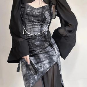 Gothic Wide Sleeve Qipao Midi Dress - Grunge Style Aesthetic Fashion