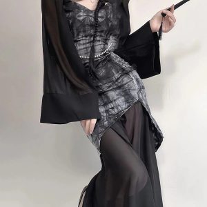 Gothic Wide Sleeve Qipao Midi Dress - Grunge Style Aesthetic Fashion