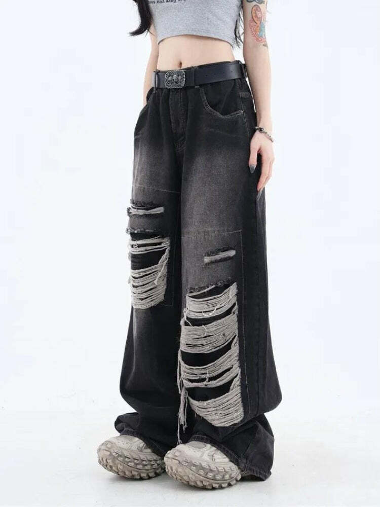 Grunge Dark Wash Distressed Jeans for Aesthetic Outfits and Styles