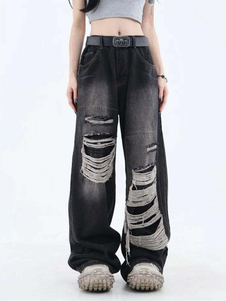 Grunge Dark Wash Distressed Jeans for Aesthetic Outfits and Styles