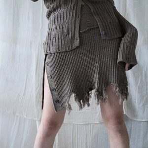 Grunge Distressed Cardigan & Mini Skirt Set - Aesthetic Outfit Combo