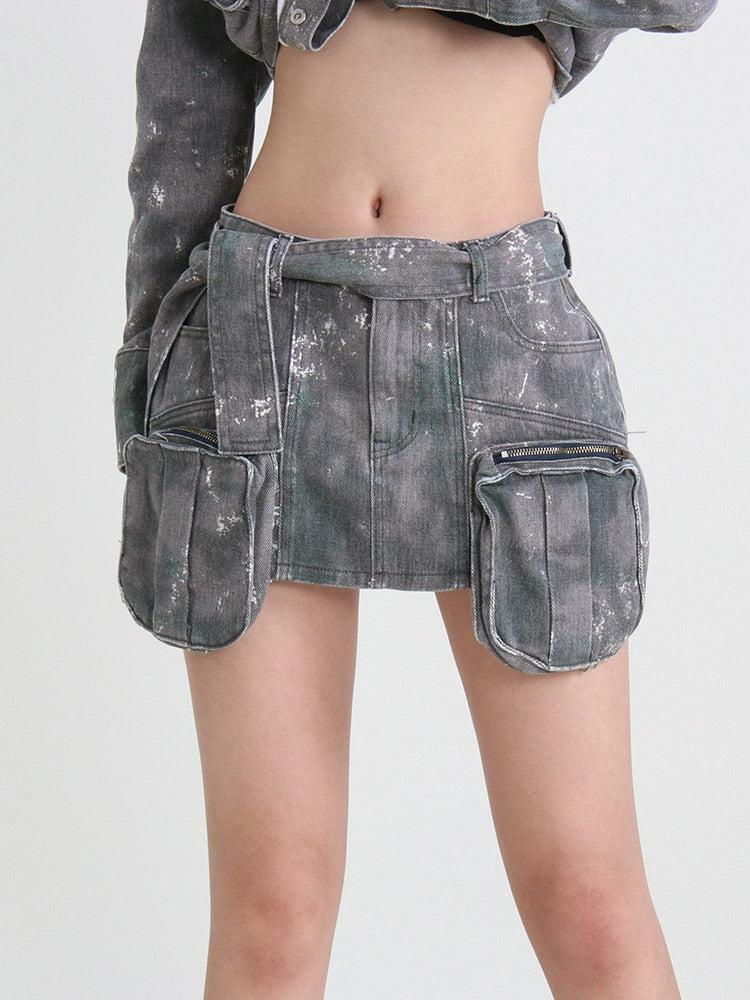 Grunge Distressed Cargo Denim Mini Skirt for Aesthetic Outfits