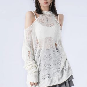 Grunge Distressed Cut-Out Cropped Sweater Vest for Aesthetic Outfits