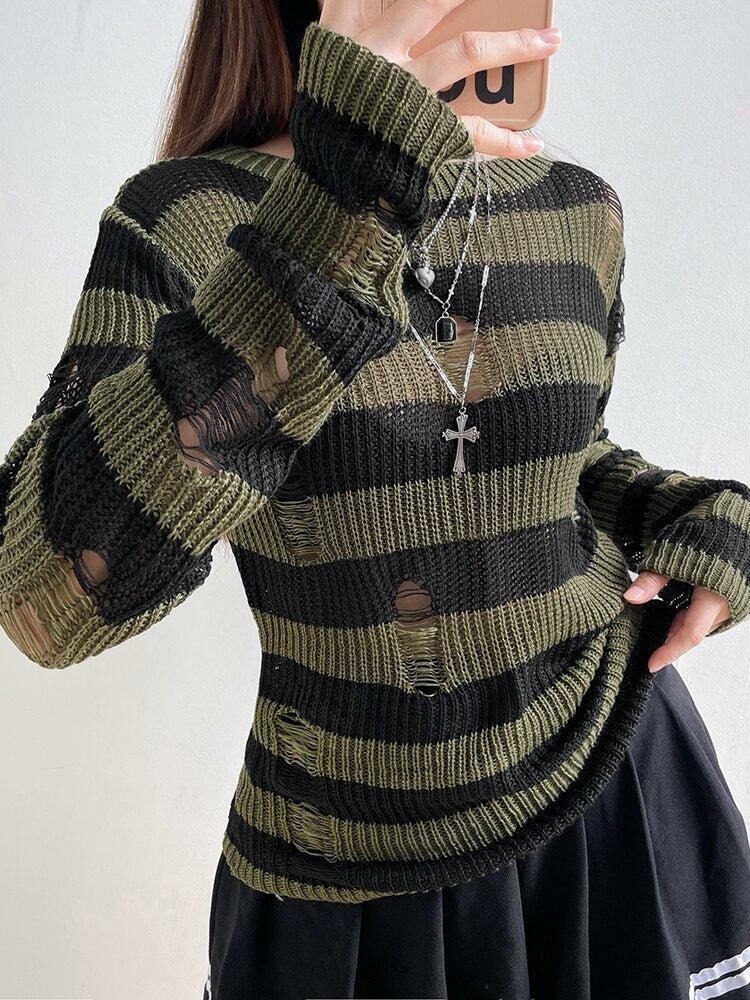 Grunge Distressed Striped Cropped Sweater Vest for Aesthetic Outfits