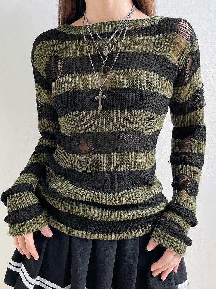 Grunge Distressed Striped Cropped Sweater Vest for Aesthetic Outfits