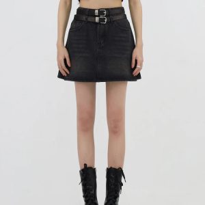 Grunge Double Belt Loop Denim Mini Skirt - Aesthetic Style Essential