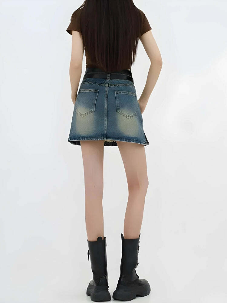 Grunge Double Belt Loop Denim Mini Skirt - Aesthetic Style Essential