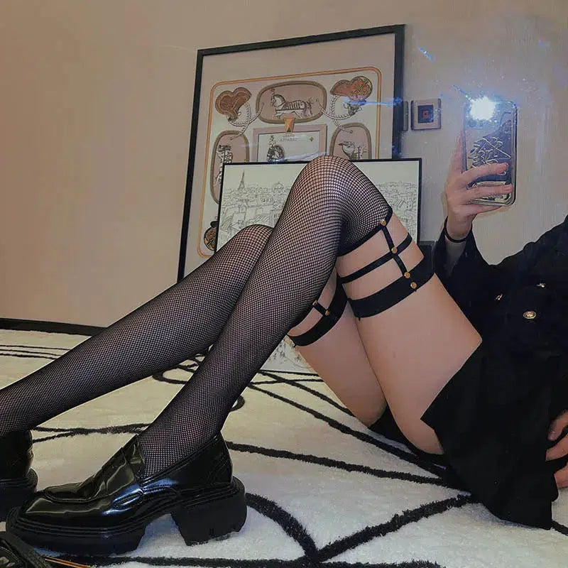 Grunge Fishnet Thigh High Socks for Aesthetic Outfits & Soft Girl Style