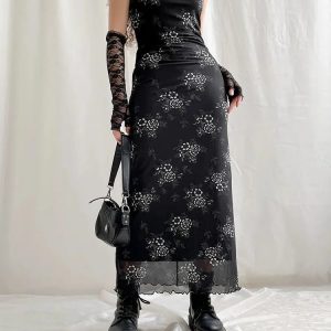 Grunge Floral Mesh Midi Dress - Aesthetic Style for Unique Outfits