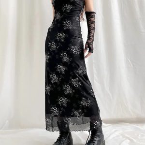 Grunge Floral Mesh Midi Dress - Aesthetic Style for Unique Outfits