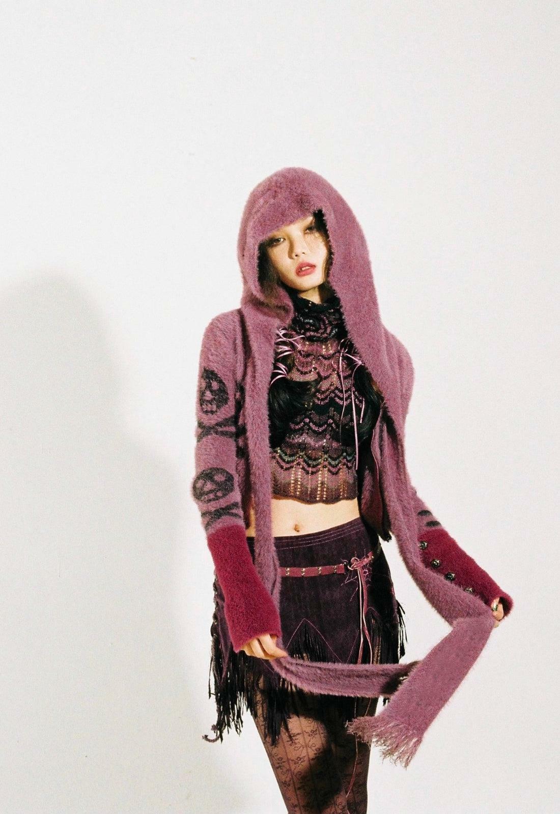 Grunge Gothic Skull Hooded Cardigan - Aesthetic Layering Essential