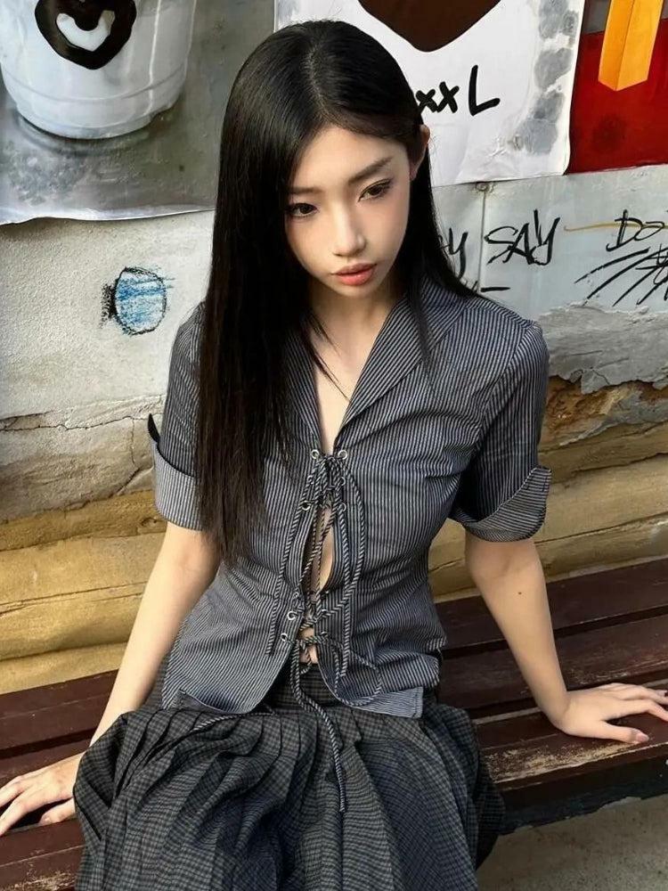 Grunge Lace Up Shirt: Aesthetic Style for Soft Girl & Gothic Looks