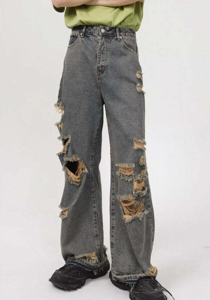 Grunge Ripped Straight Leg Jeans - Aesthetic Style for Unique Outfits