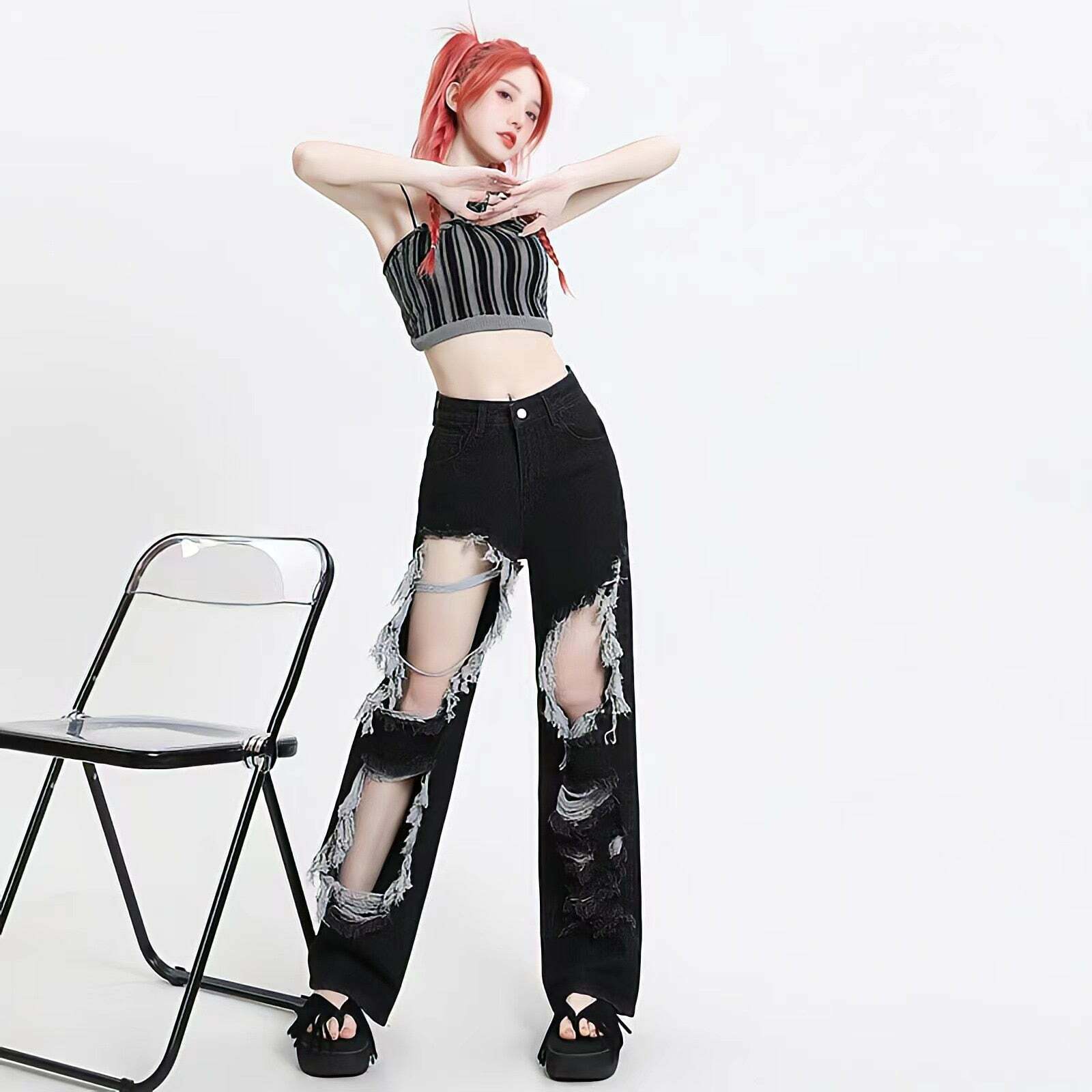 Grunge Ripped Wide Leg Jeans - Aesthetic Style for Unique Outfits