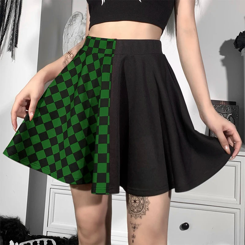 Grunge Style A-Line Mini Skirt with Checked Pattern for Aesthetic Outfits