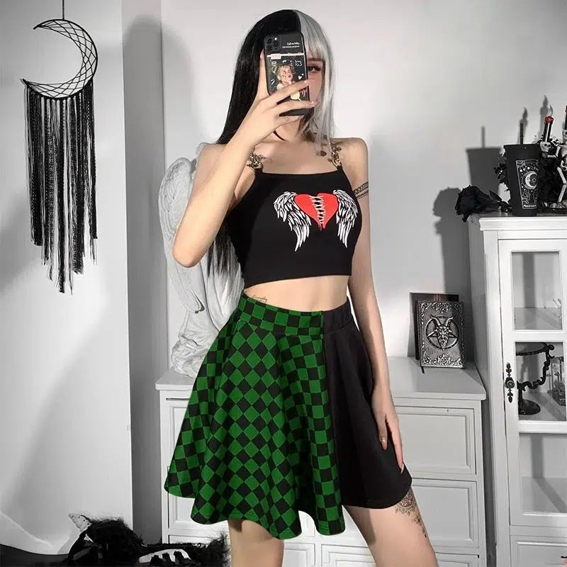 Grunge Style A-Line Mini Skirt with Checked Pattern for Aesthetic Outfits