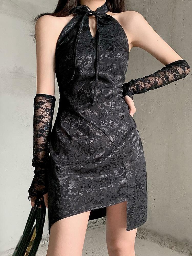 Grunge Style Backless Halter Mini Dress - Aesthetic Gothic Fashion