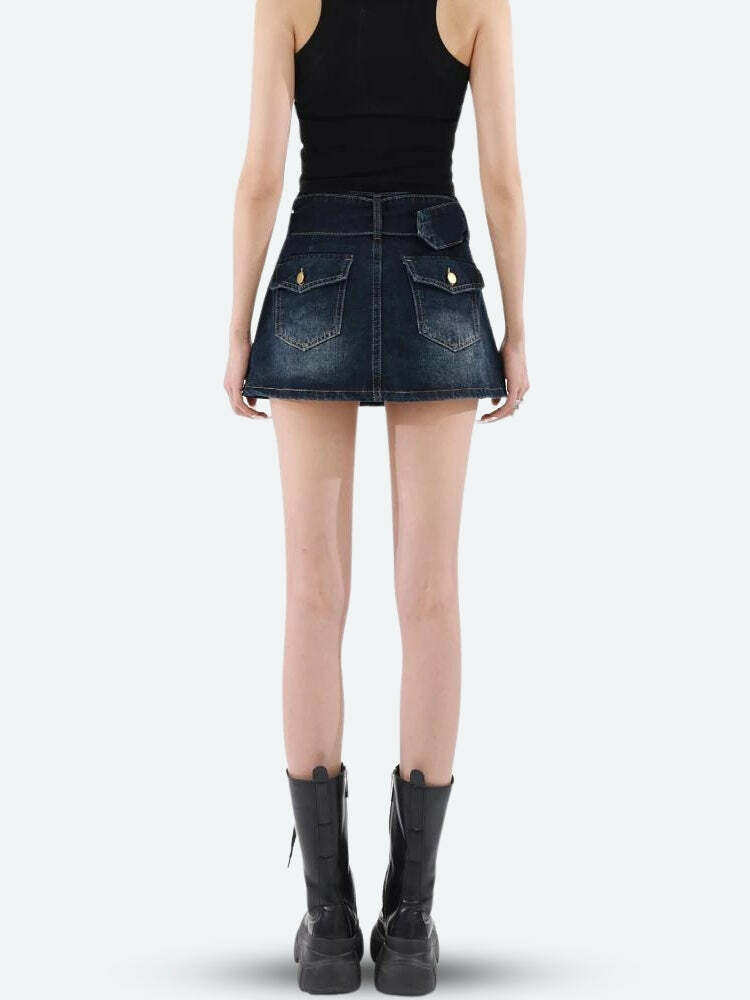 Grunge Style Belted Denim Mini Skirt for Aesthetic Outfits