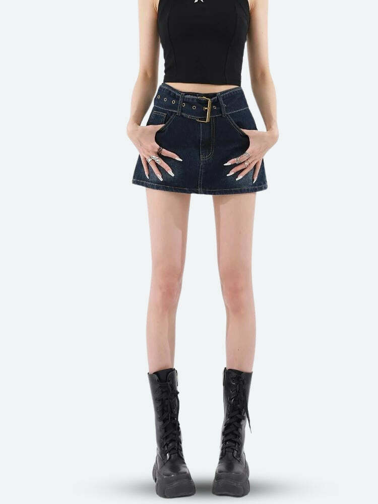 Grunge Style Belted Denim Mini Skirt for Aesthetic Outfits