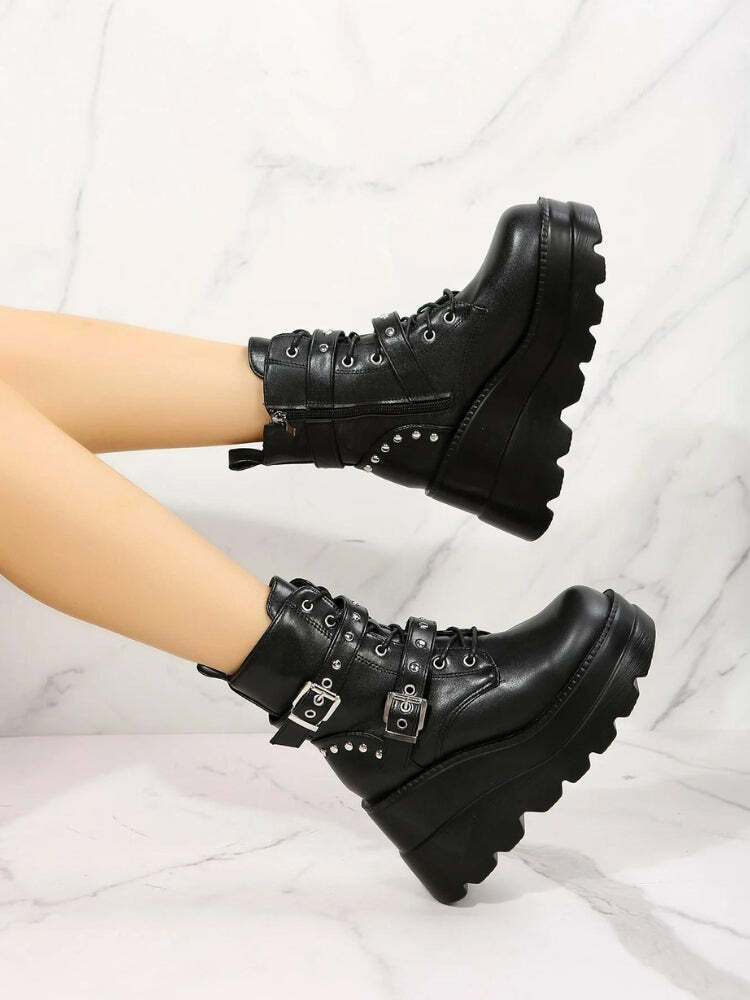 Grunge Style Belted Platform Boots for Aesthetic Outfits and Soft Girl Looks