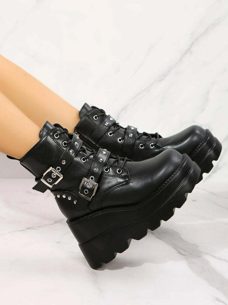 Grunge Style Belted Platform Boots for Aesthetic Outfits and Soft Girl Looks