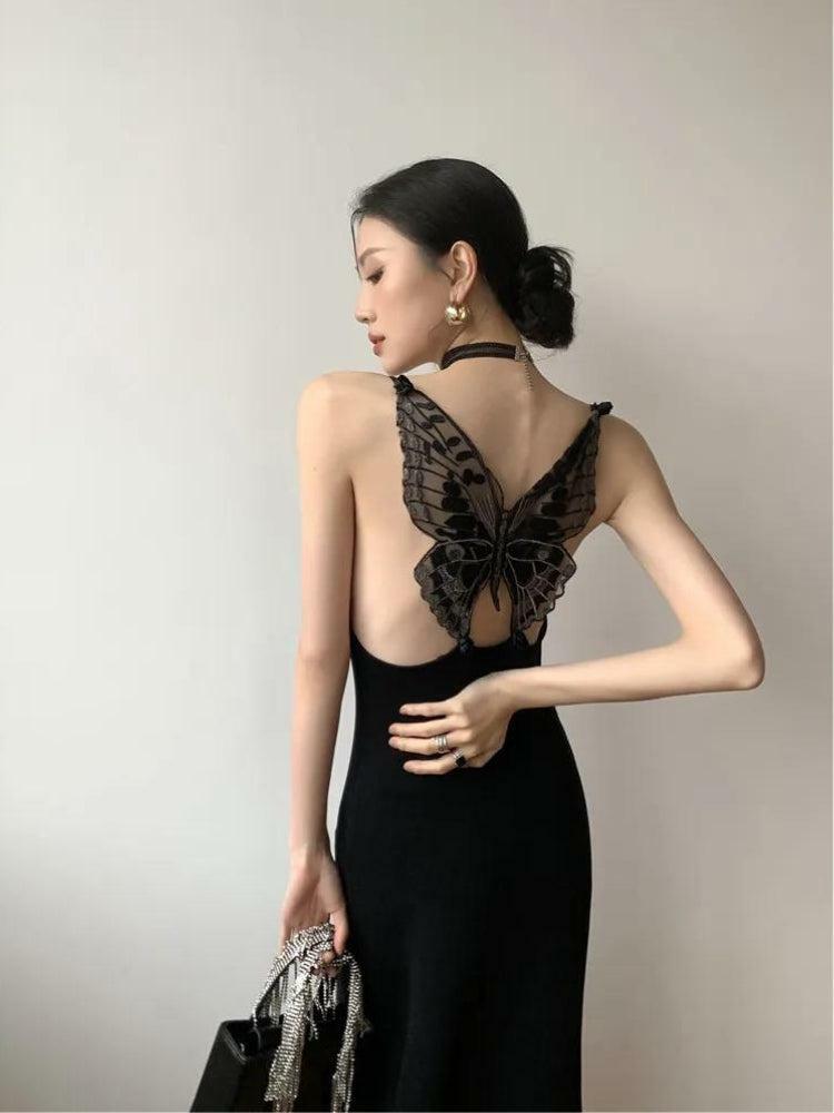 Grunge Style Black Butterfly Back Midi Dress for Aesthetic Outfits