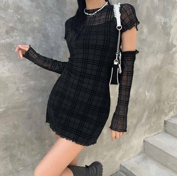 Grunge Style Black Plaid Mini Dress - Aesthetic Gothic Outfit Essential