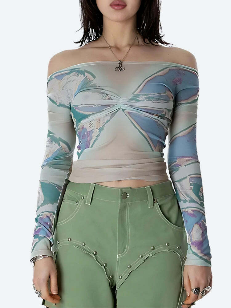 Grunge Style Butterfly Mesh Top - Aesthetic Soft Girl Fashion