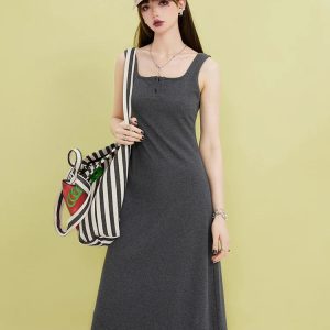 Grunge Style Button-Up Midi Dress - Aesthetic Casual Fashion Essential