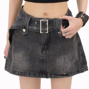 Grunge Style Buttoned Belt Loop Mini Skirt for Aesthetic Outfits